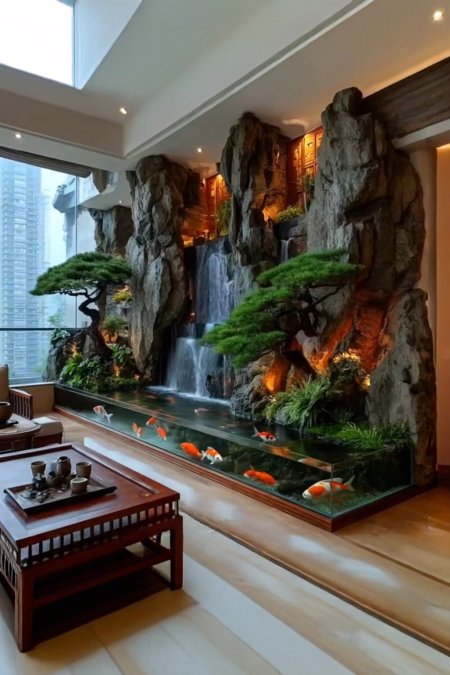 🏯 شلال داخلي فاخر مع حوض أسماك كوي